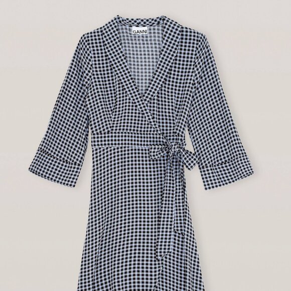 Ganni Wrap Dress Printed Crepe Brunnero Blue Sz 38 - Picture 1 of 6